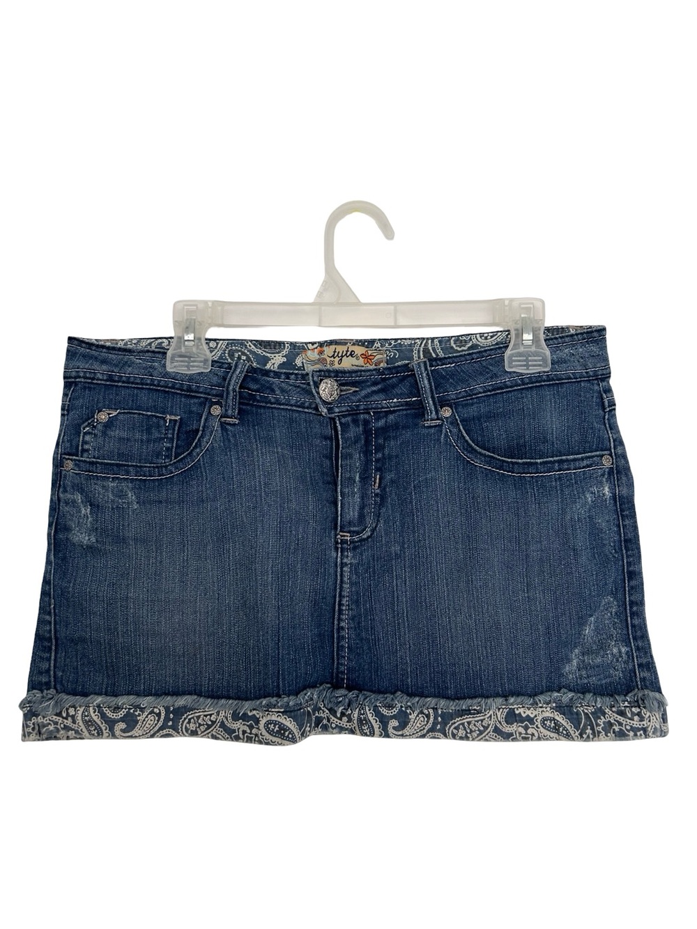 Tyte Jeans Blue Denim Mini Skirt with Paisley Trim